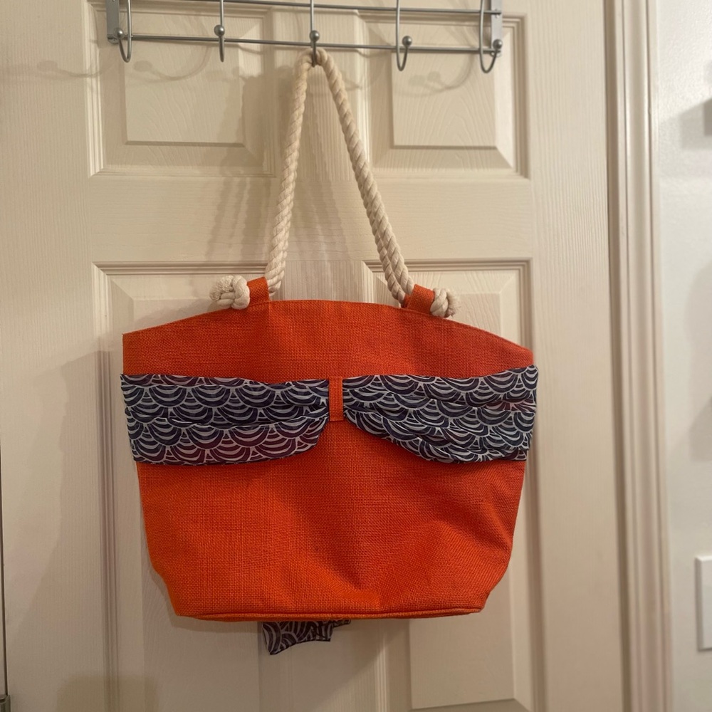 Mud Pie Orange Tote with Blue Tied Scarf Zip Pocket Inside - Picture 4 of 6